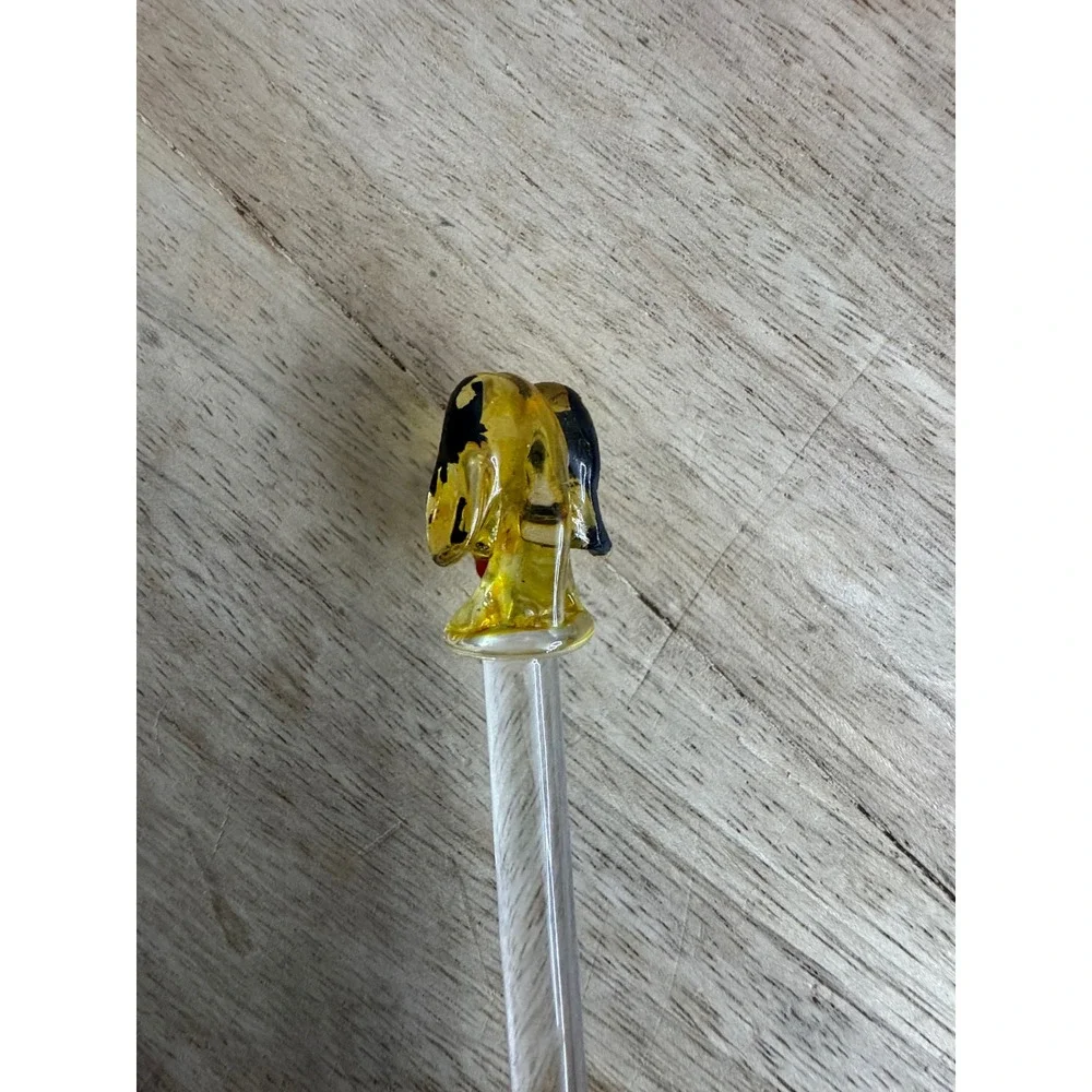 Vintage Art Glass Swizzle Stick Yellow Black‎ Dog Dachshund Figural Bar Stirrer